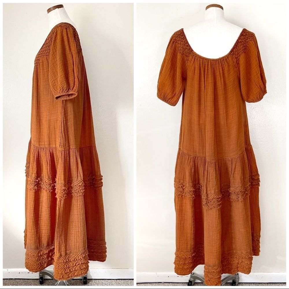 Free People Sunday Stroll Maxi Dress smocked oversized Small Burnt Clay Combo - Picture 10 of 14